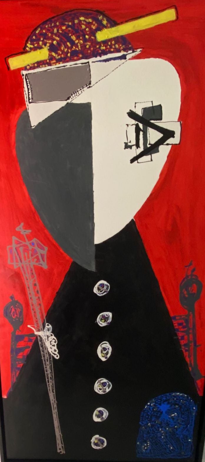 The Cleric — painting by Antonio Suárez-Chamorro, red background with observing figure